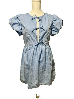 Sim & Sam Light Blue Dress, 100% Cotton, Puff Sleeves, Top Ties into Bowes Sz L